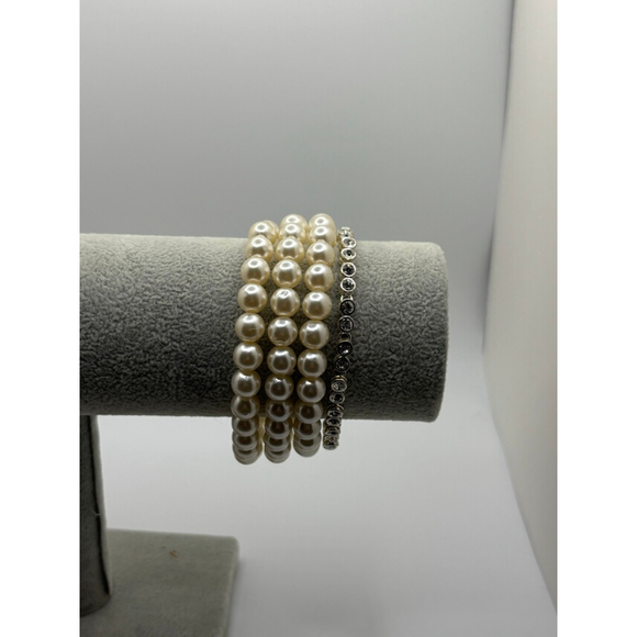 Women's Cream Pearl & Silver Rhinestone Bracelet Set - Picture 3 of 3